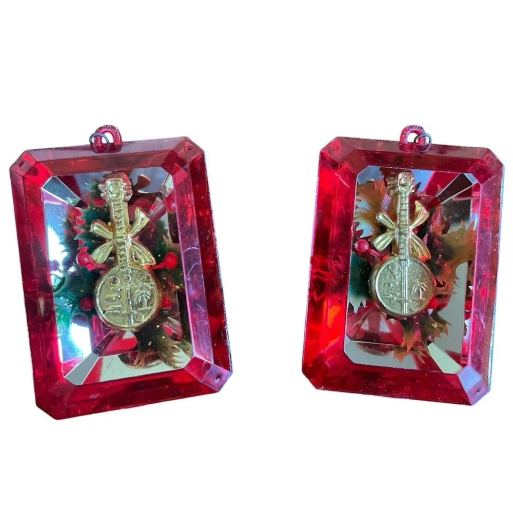 Vintage JewelBrite Diorama Christmas Ornaments Banjos Set of 4 Size 3